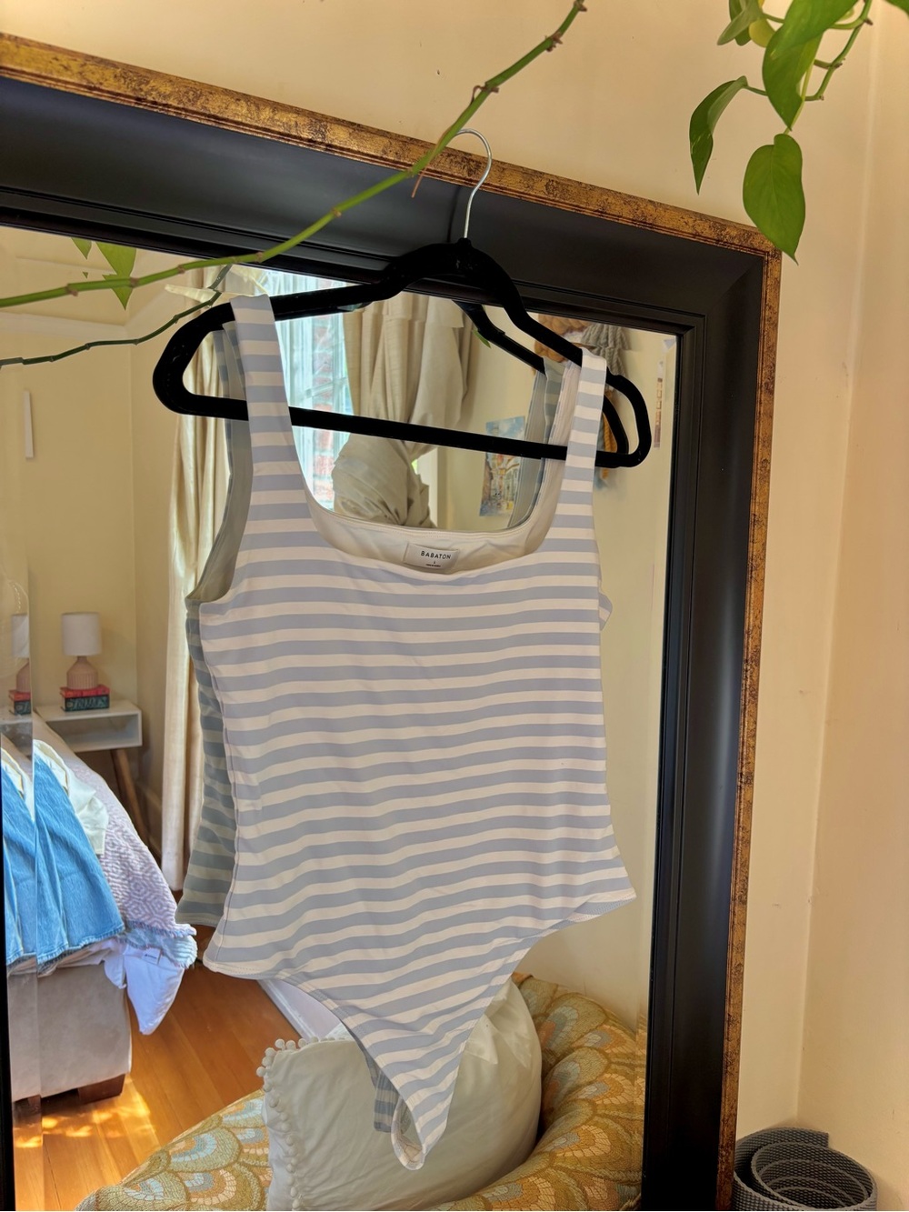 Aritzia Blue & White Striped Scoop Neck Tank Bodysuit